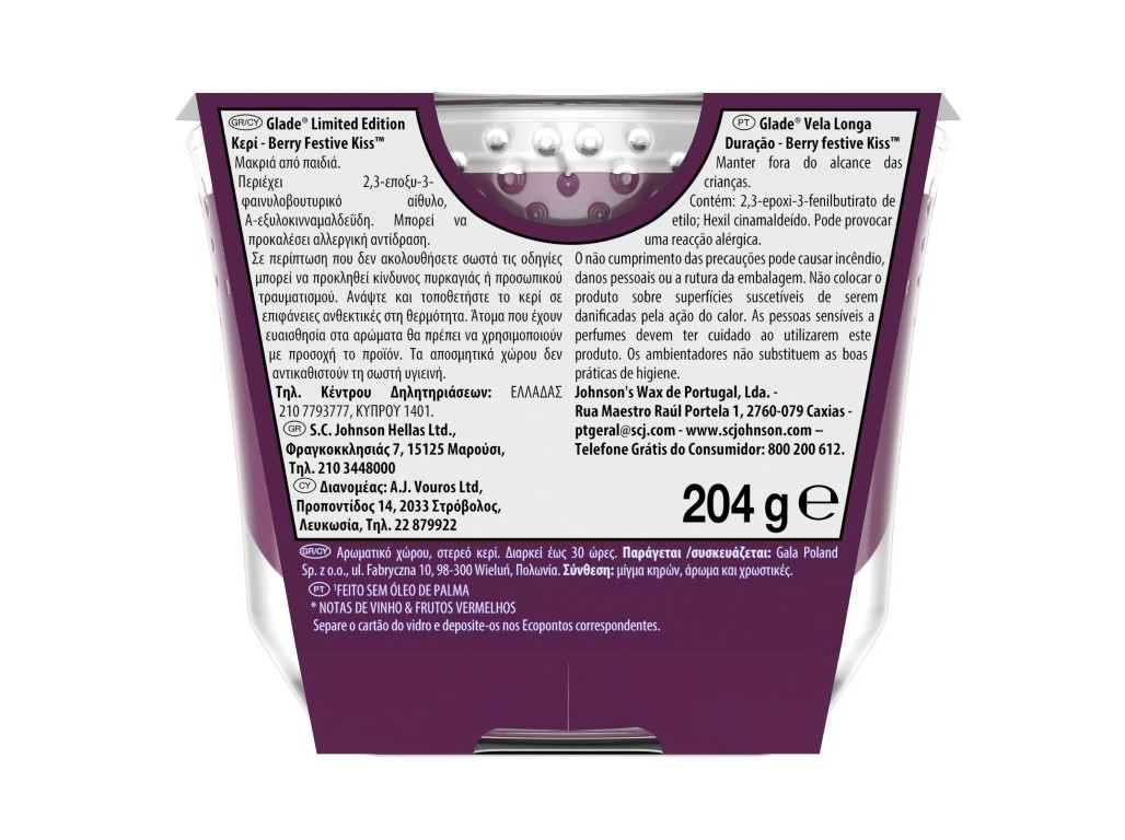 VELA LONGA DURAÇÃO GLADE WINTER BERRY FESTIVE KISS 204G