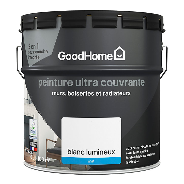 Peinture intérieure ultra couvrante murs, boiseries et radiateurs GoodHome blanc lumineux mat 10L