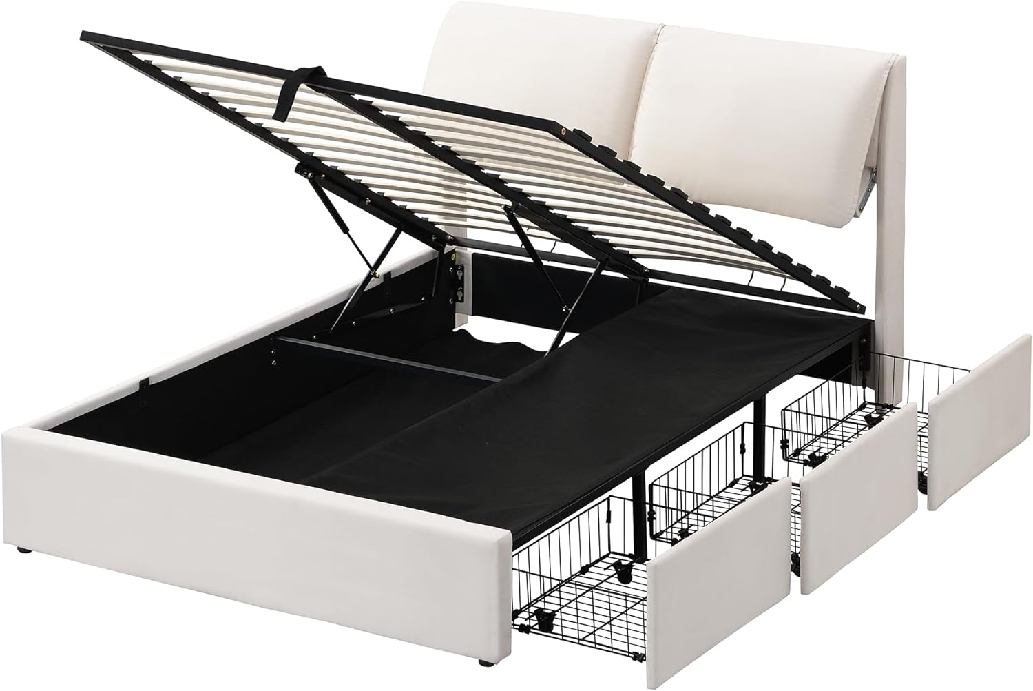 Polsterbett 140x200, Doppelbett Bett mit Stauraum Schublade und Kopfteil, Hydraulische Stauraumbett mit Bettkasten zur Aufbewahrung und Lattenrost, Samt, Weiß, (Ohne Matratze)