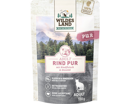 WILDES LAND natvoer voor katten, puur rundvlees met saffloerolie en waardevolle superfoods, graanvrij, glutenvrij, 100 g