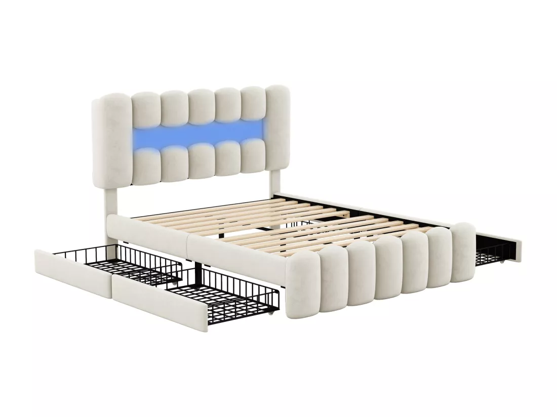 Lit capitonné 140 x 200, lit capitonné avec 4 tiroirs, lit capitonné avec bande lumineuse LED avec USB et stéréo, blanc