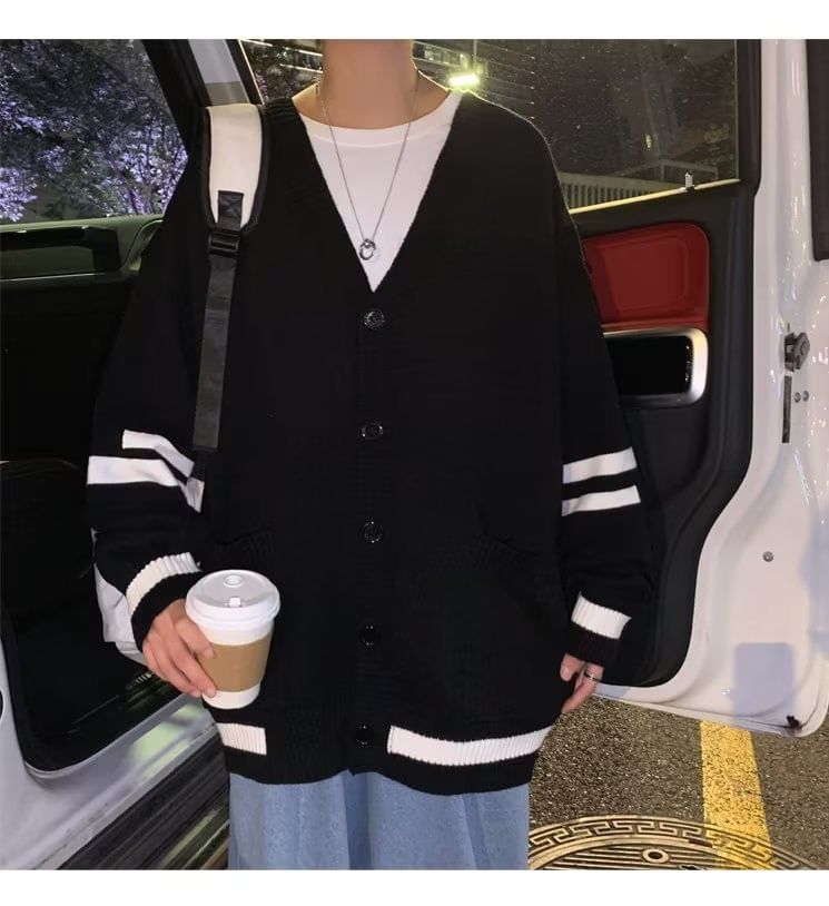 jaywoon - V-hals gestreepte oversized cardigan met knopen