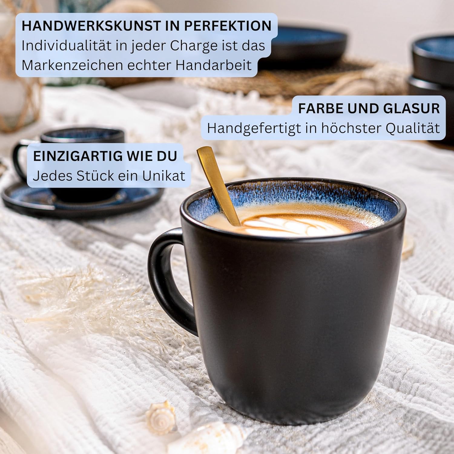 SÄNGER Aruba | Kombiservice 6 Personen, Teller Set Kaffeebecher Pastaschale 30 tlg, Steingut Geschirr Set spülmaschinen- mikrowellen- kratzfest, Geschirrset blau mit schwarzem Rand | VALUE COLLECTION