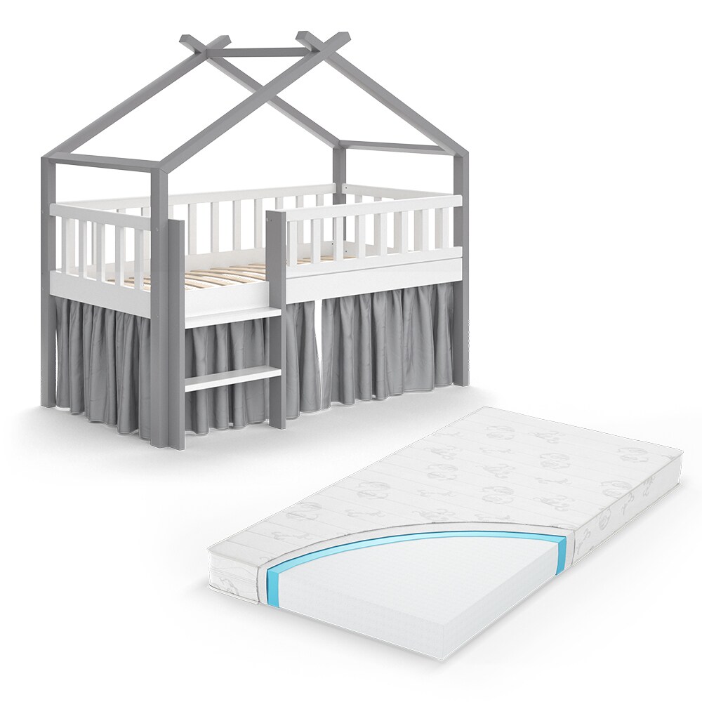 VitaliSpa Kinderbett Bettenhaus Einzelbett Adis Weiß Grau modern 168x158 cm Kinderzimmer Rausfallschutz Massivholz Lattenrost Bettleiter Hausbett Hochbett Matratze