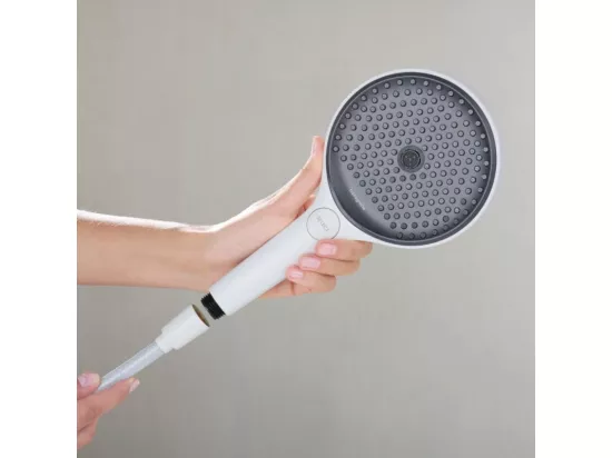 Pommeau de douche HANSGROHE Pulsify Select EcoSmart 105 3 jets Relaxation blanc mat + flexible de douche HANSGROHE Designflex 125 cm blanc mat