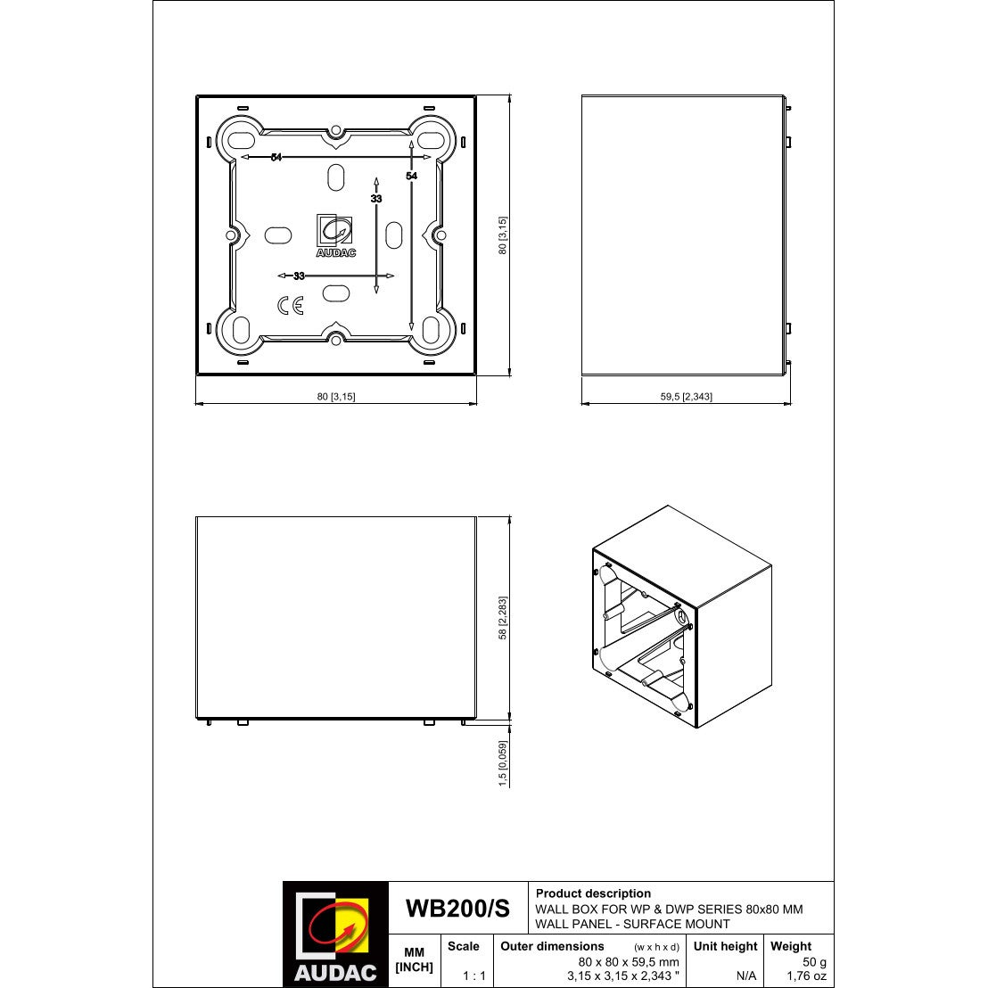 Audac WB200/SB opbouwdoos zwart voor WP2xx & DWP serie