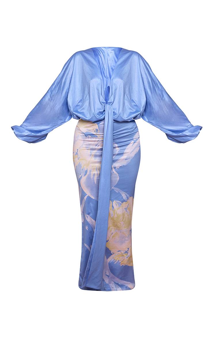 Bleu Robe Maxi Drapée À Manches Chauve-souris Imprimée Toucher Doux Avec Détail Noué