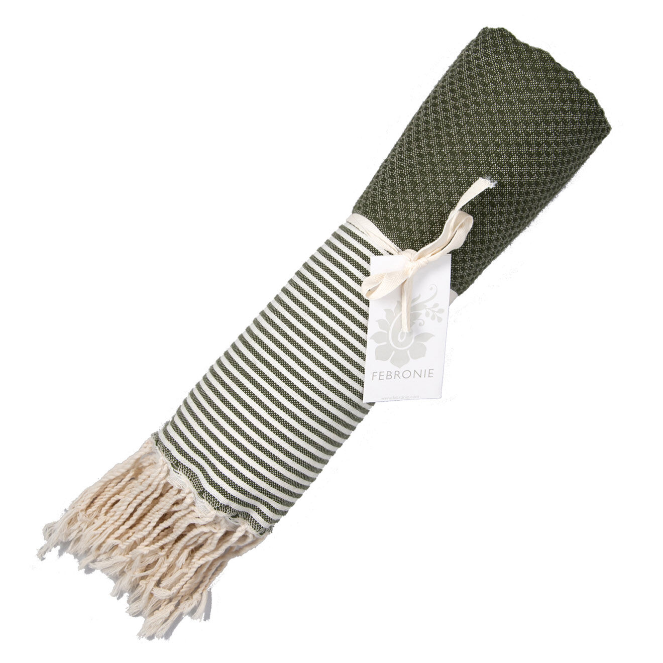 Febronie Fouta Nid d'Abeille Ibiza rayures fines vert kaki - 100x200 cm