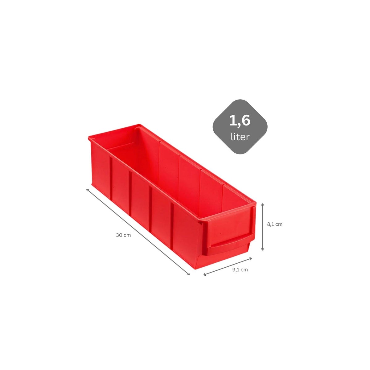 PROREGAL Rode Industriële Box 300 S HxBxD 8,1 x 9,1 x 30 cm 1,6 Liter Opbergdoos Assortimentsdoos Kleine Onderdelendoos
