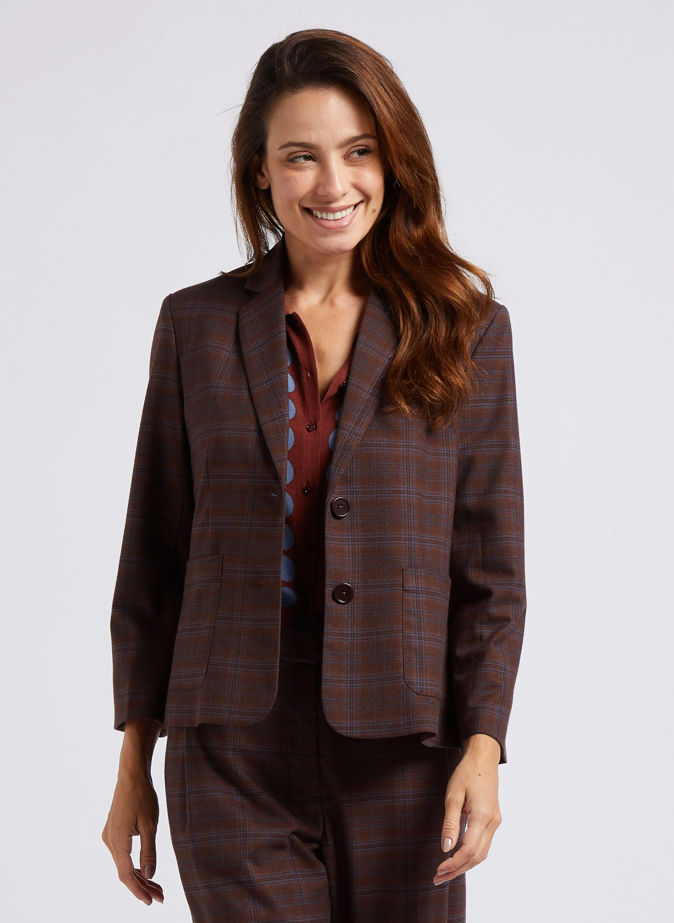 Blazer col tailleur à carreaux| Marron