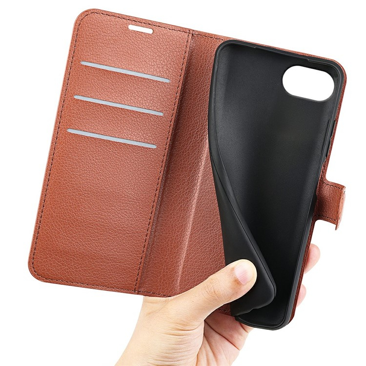 iPhone 16e Leder Tasche Flip Cover Litchi Look - Braun