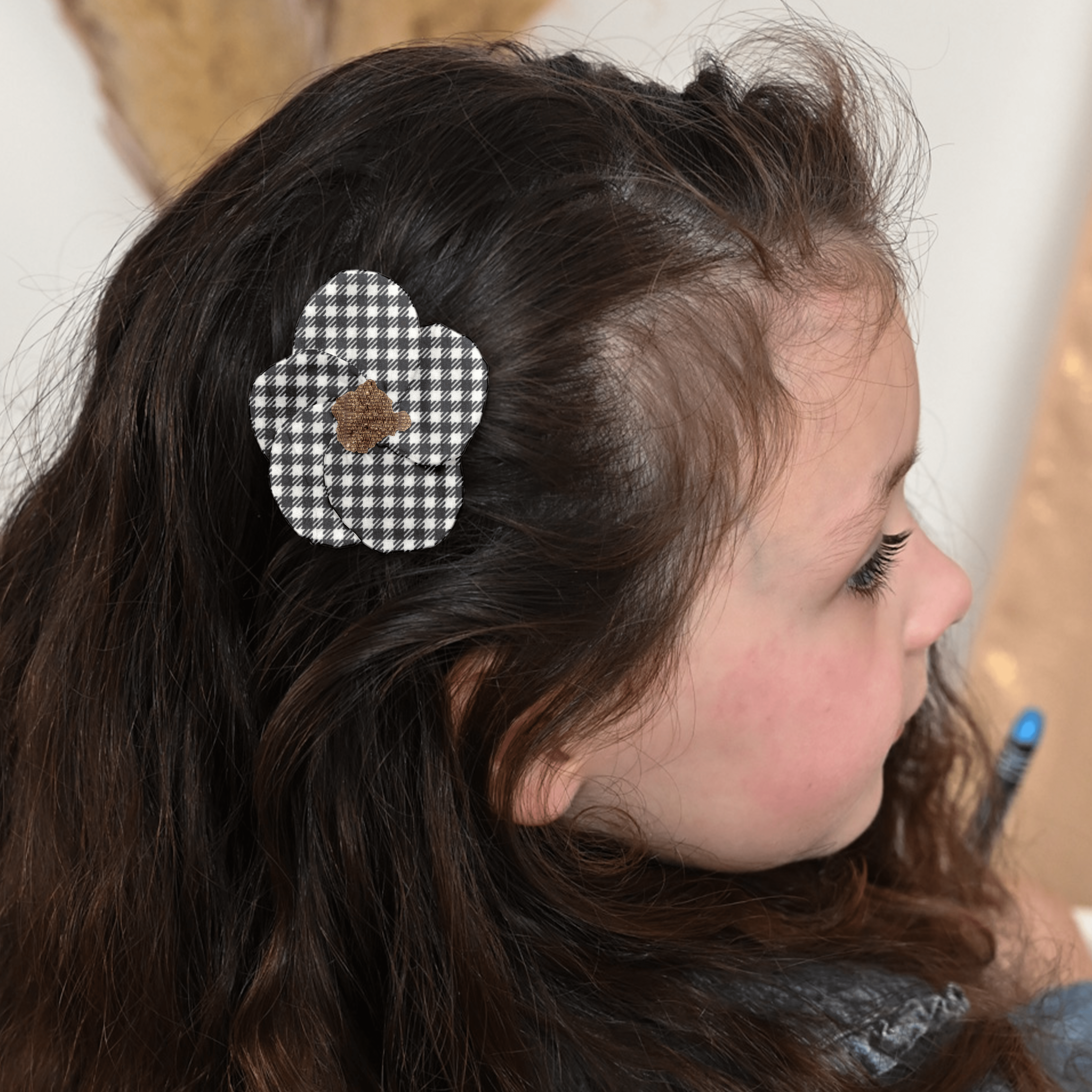 Petite Barrette Pétales De Fleur Vichy Noir