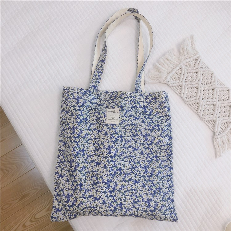 (35x37cm) Baumwoll Tote Bag Boho Stoff Tragetasche im Blumen Look - Blau