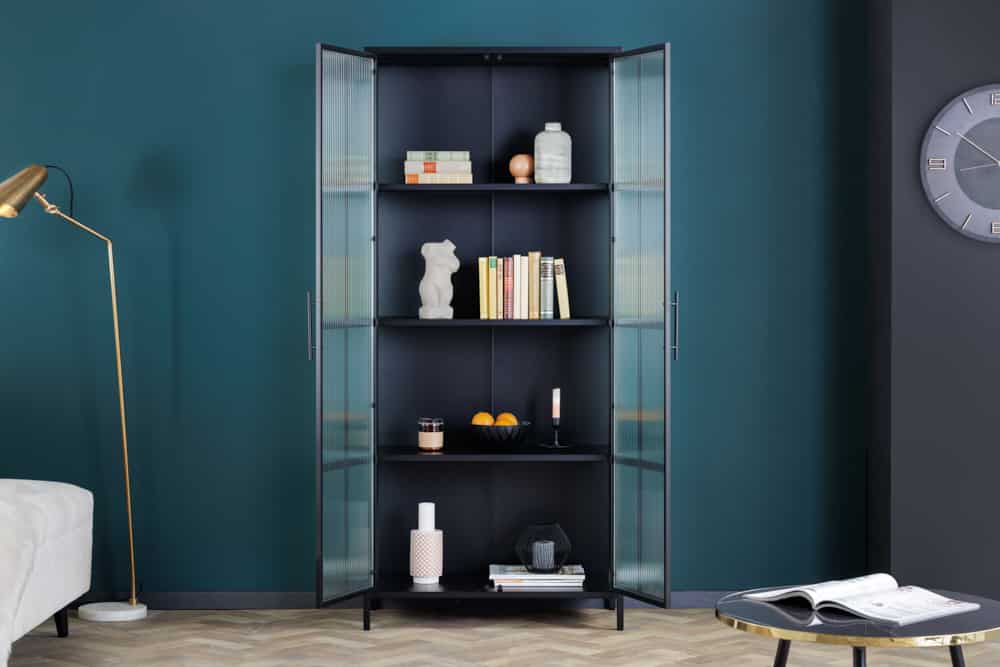 Industrial Vitrine DURA STEEL 180cm schwarz Metall Riffelglas Highboard