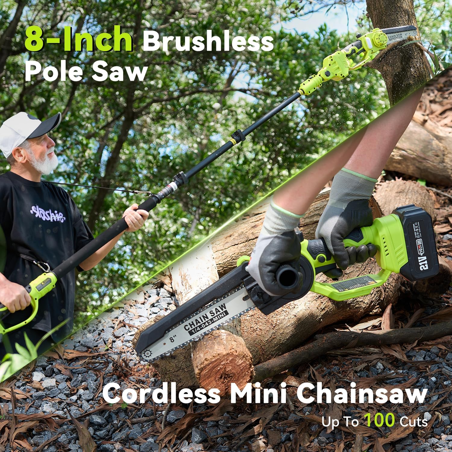 2-in-1 Akku Hochentaster & 8 Zoll Mini Kettensäge, Astsäge mit 4000 mAh Akku, Teleskopstange bis 4,8m, 800W Bürstenloser Motor – Für Baum- und Gartenpflege