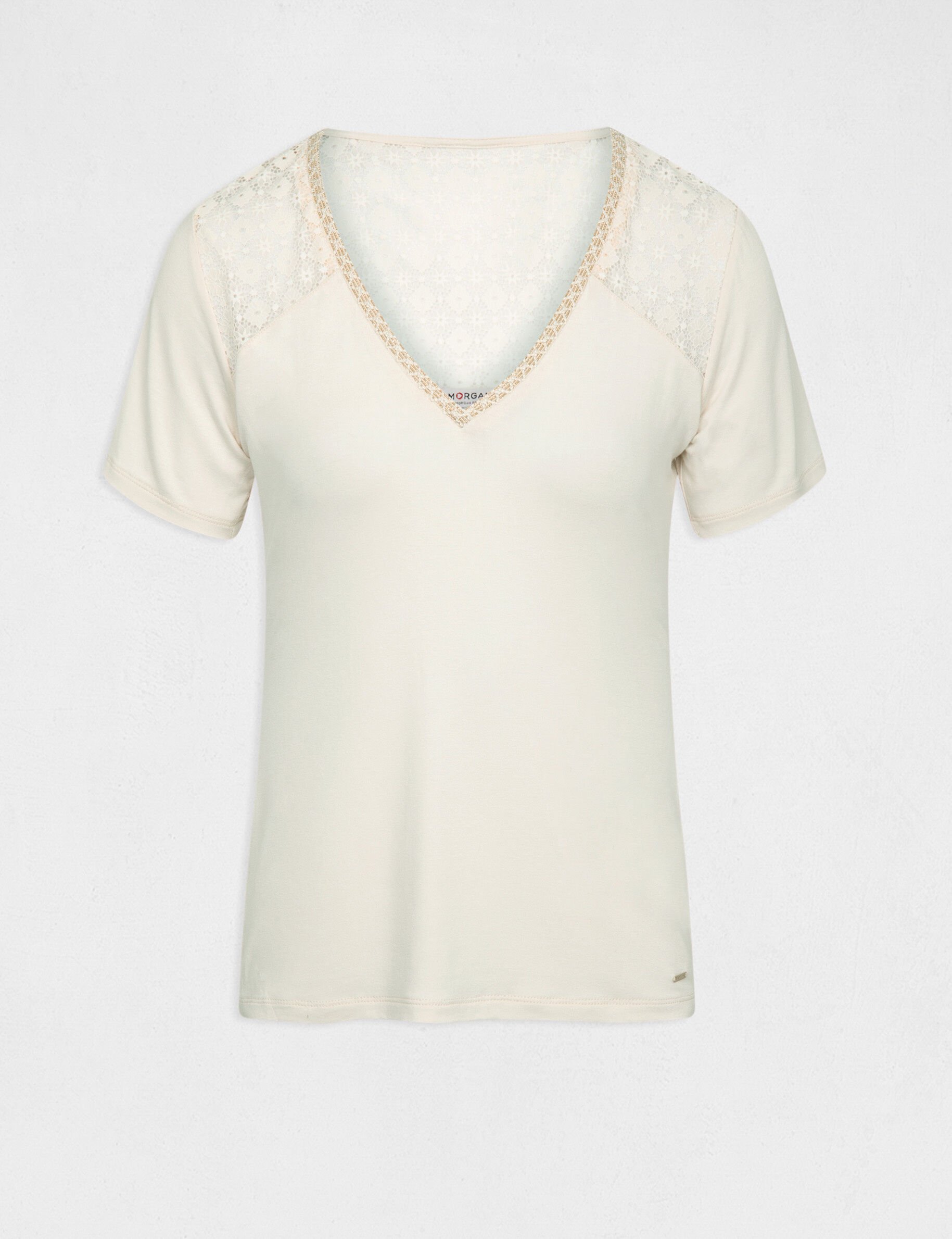 T-shirt manches courtes à dentelle ivoire femme - ivoire
