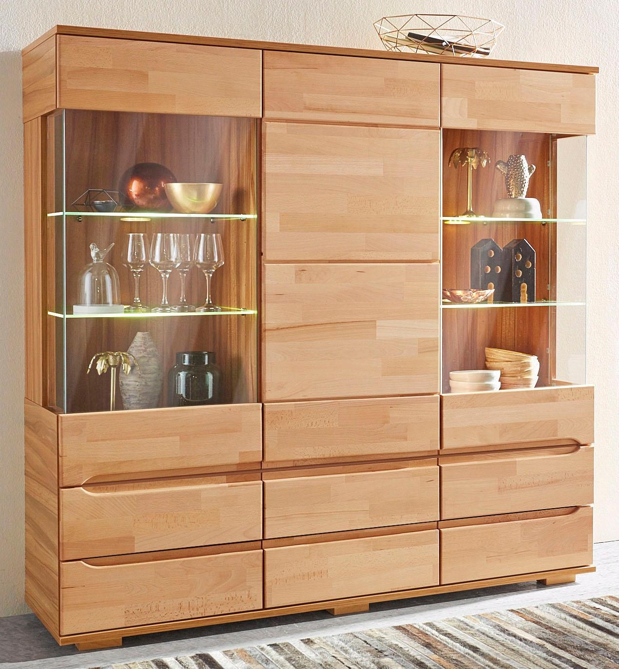 Home affaire Highboard »Vetro,150cm breit,40 cm tief,Fronten Massivholz,9 Fächer« Kernbuche massiv, Holzwerkstoff, 3Türen,6 Schubladen, Griffmulden