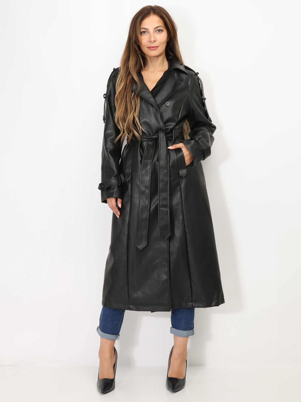 Trench long en simili avec ceinture- Noir