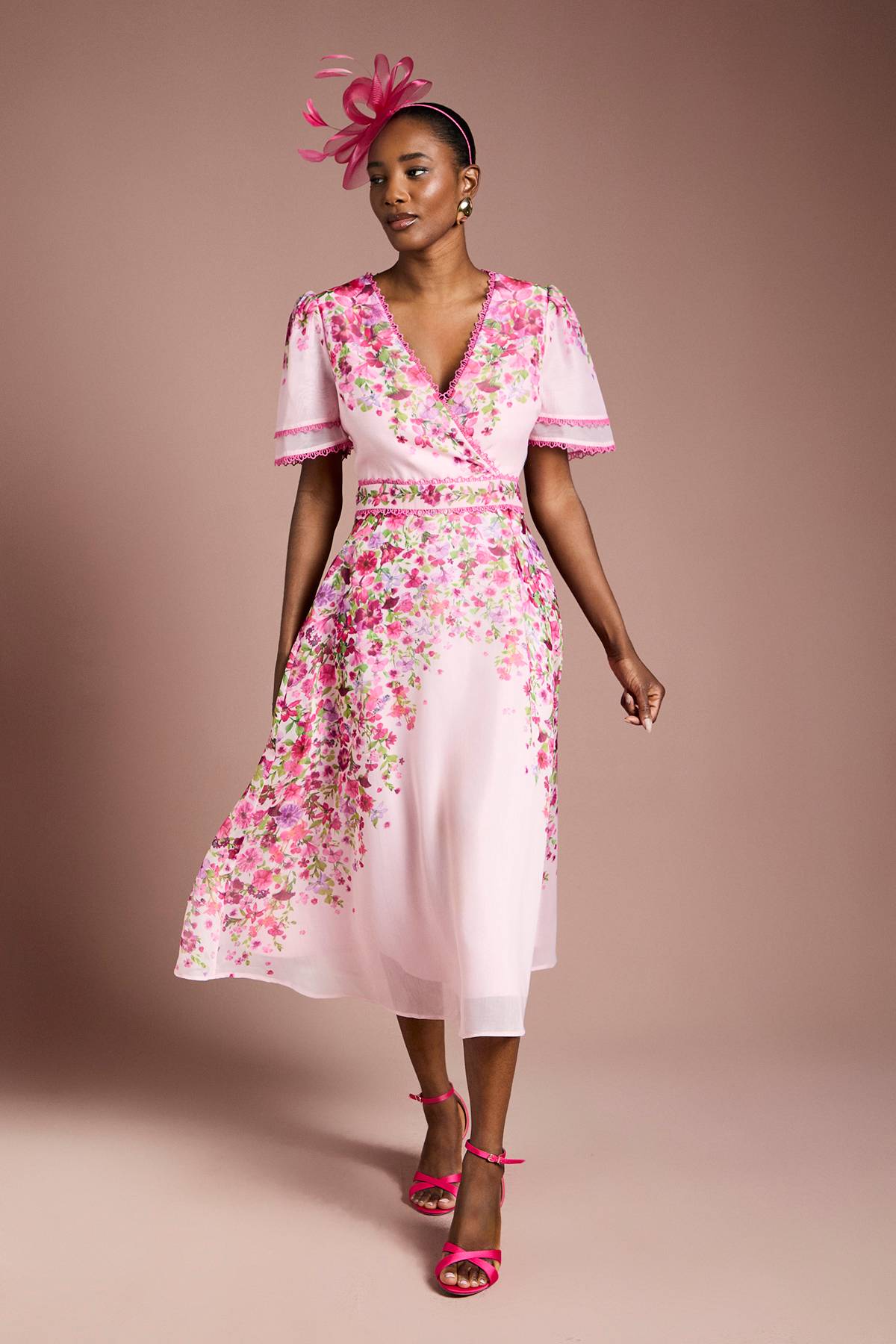 Coast Robe Midi Portefeuille en Organza à Imprimé Floral Placé