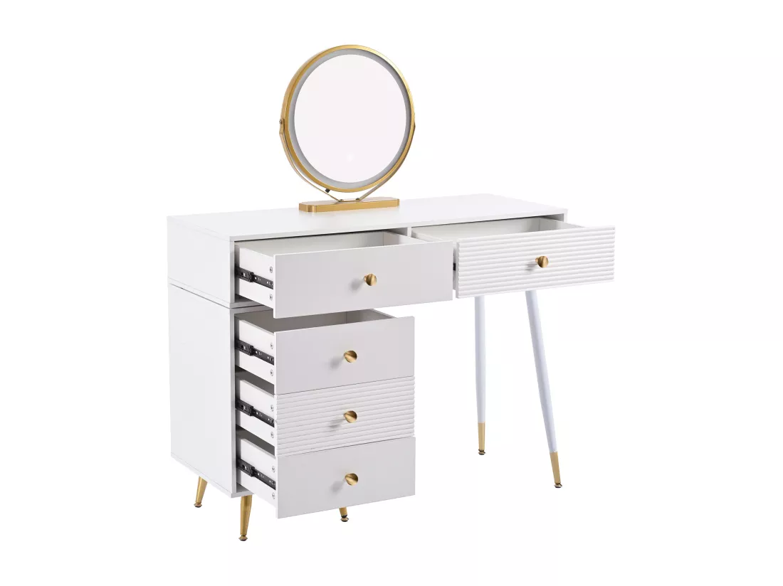 Coiffeuse avec miroir et éclairage LED - 2 tiroirs et une armoire amovible - Blanc (tabouret non inclus)