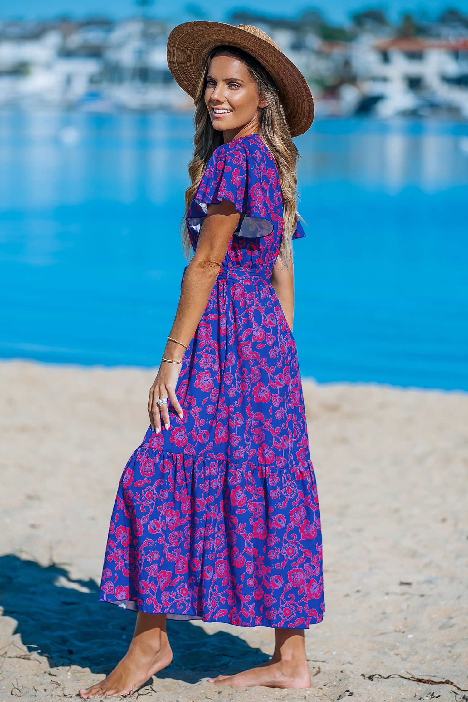 Robe maxi en dentelle à col en V et imprimé floral