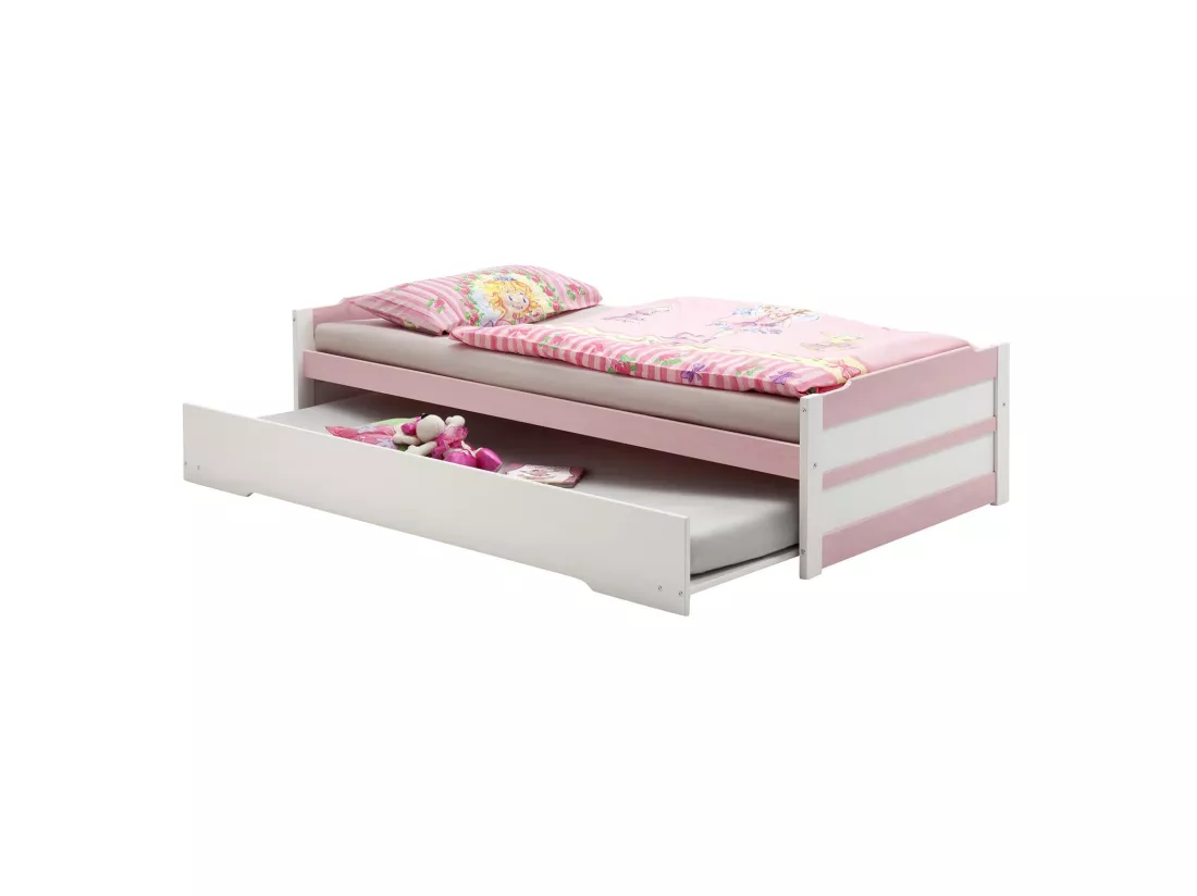 Lit gigogne LORENA enfant 1 place tiroir lit fonctionnel 90 x 200 cm pin massif lasuré blanc et rose