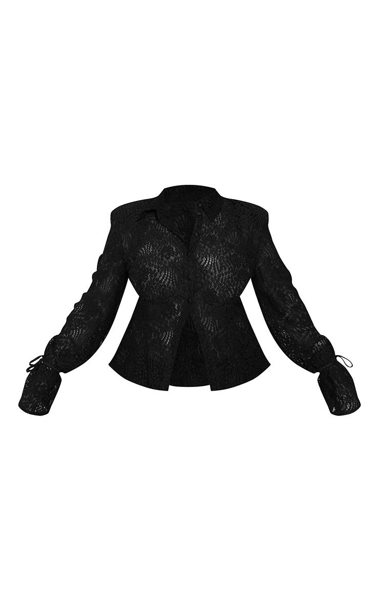 Noir Chemise Grande Taille En Dentelle Transparente Avec Épaulettes Et Poignets À Nouer