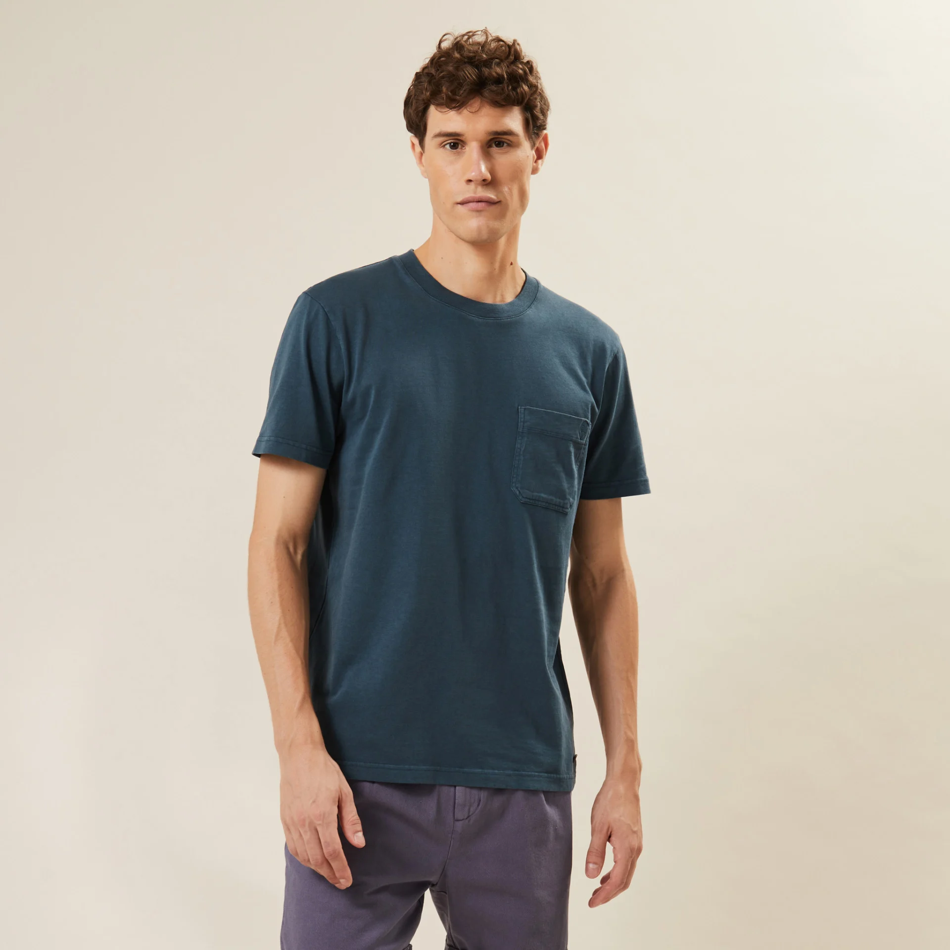 T-shirt bleu coton et coton recyclé - modèle migne
