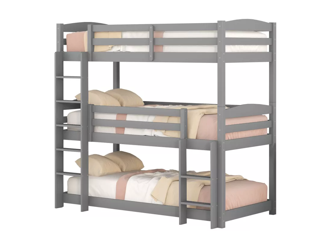 Lit superposé triple avec échelle et barrière de protection - 90x200cm - bois massif - Gris