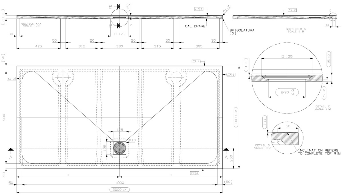 Saniclear Modo douchebak 200x100cm met stone finish wit