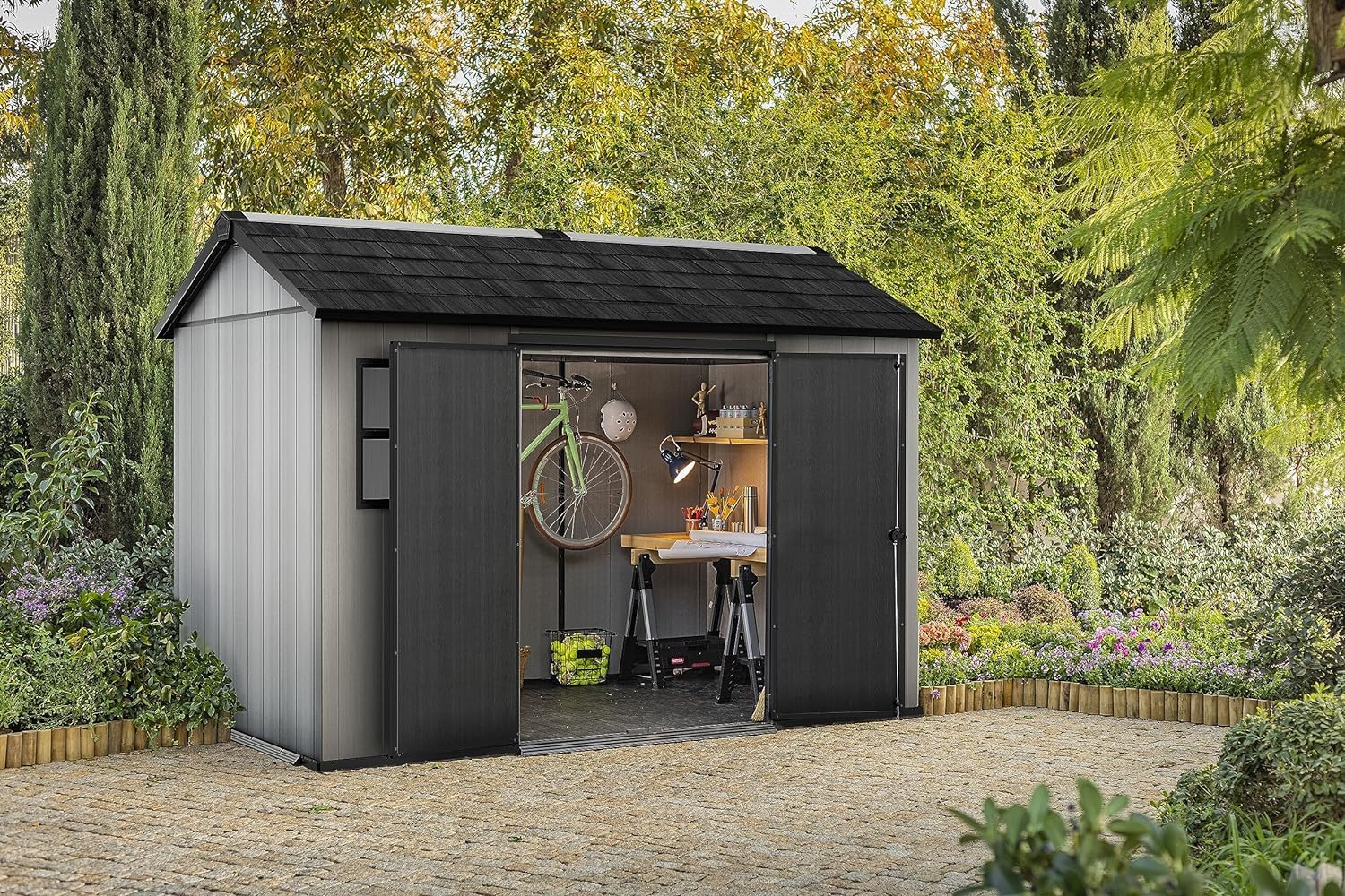 Keter Gerätehaus Oakland 1175, Grau, 15,3m³, Außenmaße B/T/H: 350 x 230 x 253 cm, Duotech Struktur, wetterfest, Doppeltür, Oberlicht und 2 Fenster, strapazierfähiger Schwerlastboden