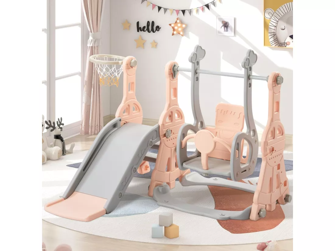 Portique enfant toboggan, echelle et balançoire avec panier de basket-ball - aire de jeux 4 en 1 - usage intérieur extérieur - Rose