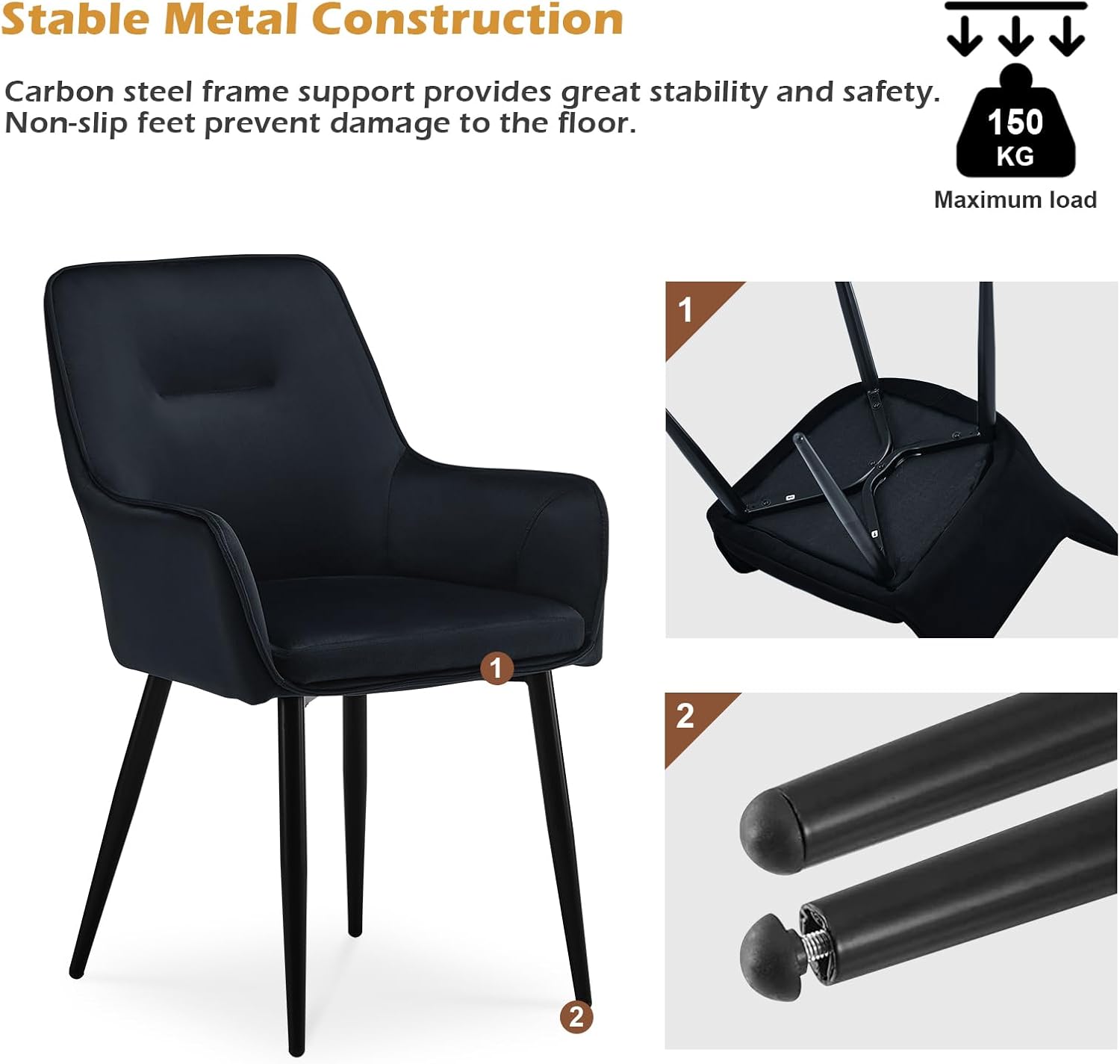 CLIPOP Esszimmerstühle 2er Set mit Armlehne aus Samt Schwarz, Armlehnenstuhl Polsterstuhl Stühle Esszimmer Küchenstuhl mit Metallbeine und Rückenlehne für Wohnzimmer Esszimmer