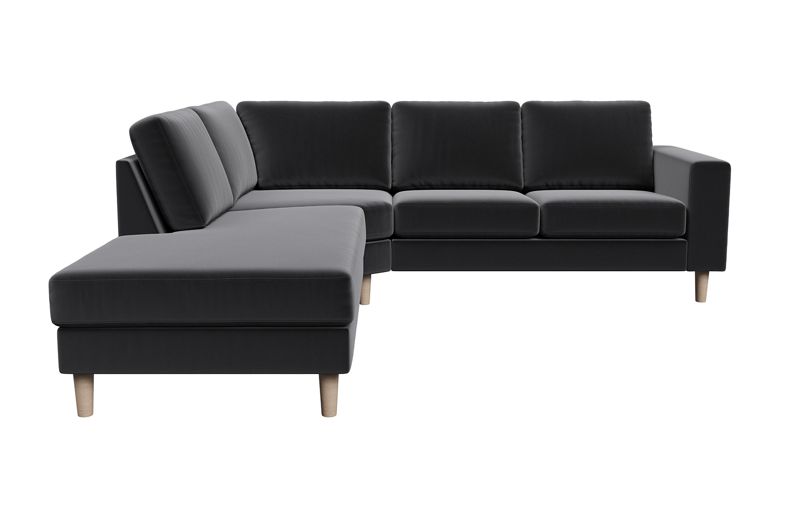 Hedda sofa Hjørnesofa 2,5-seter åpen ende venstre i tekstil Matt Velvet 99 black, arm F 18 cm og ben 1 hvitoljet eik.