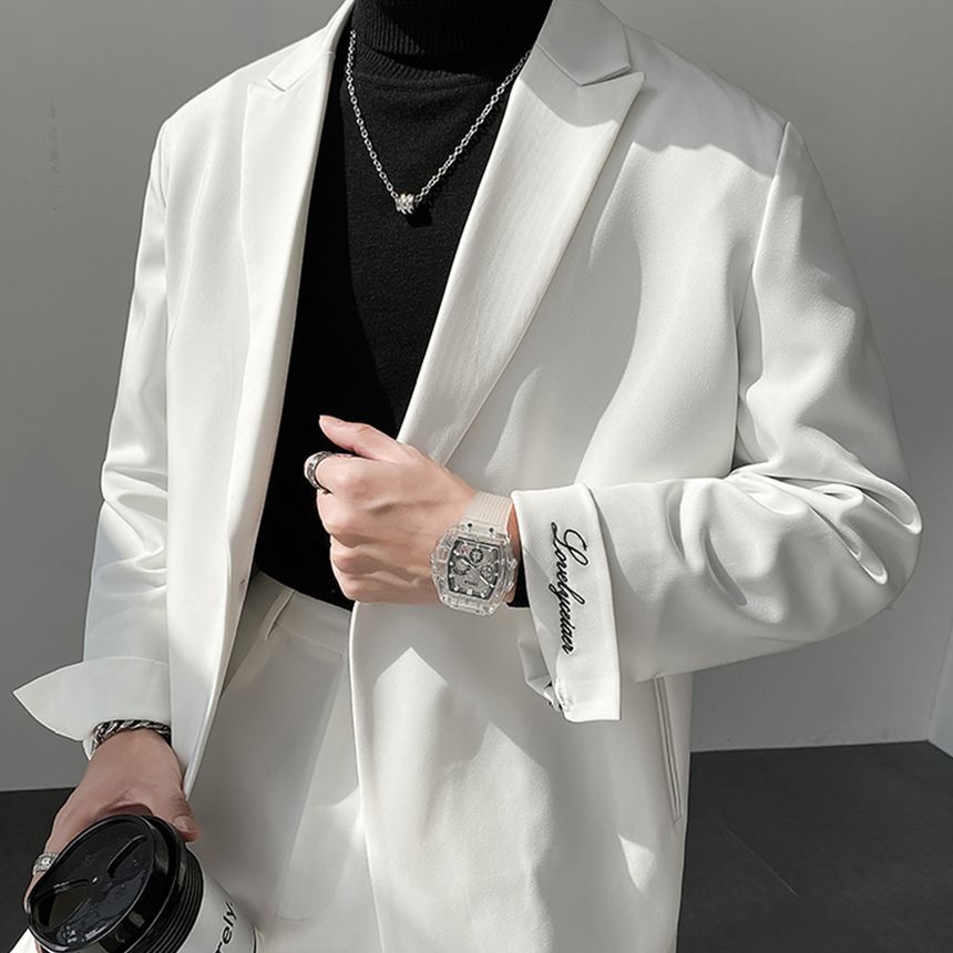 DragonRoad - Set: effen enkelrijs blazer met piekrevers + rechte, cropped pantalon met middelhoge taille
