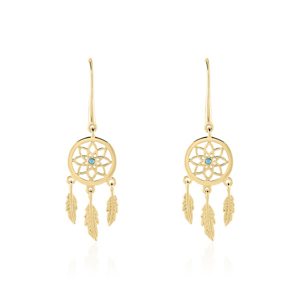 Boucles D'oreilles Plaqué Or Jaune Attrape Rêves Turquoises