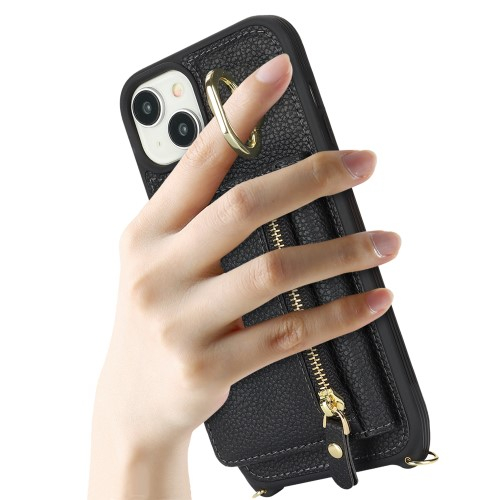 iPhone 14 / iPhone 13 Necklace Leder Hülle mit Münzfach und Kartenfächer   Finger Griff Halterung   Handykette - Schwarz