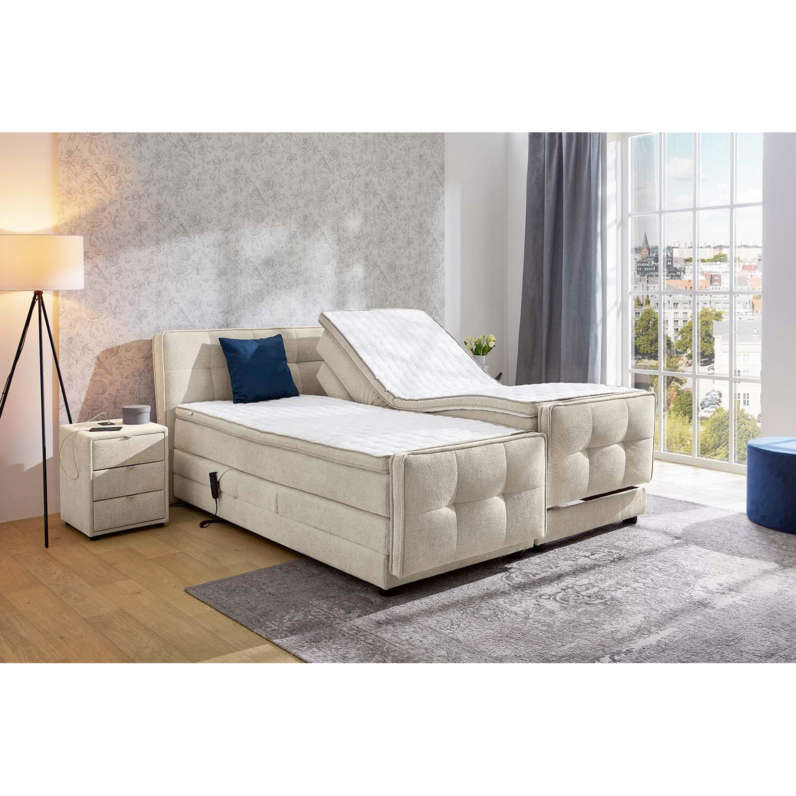 Boxspringbett Paloma Stoff 180 x 200 cm, mit verstellbarer Liegeposition per Fernbedienung braun/beige