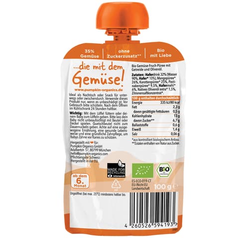 Pumpkin Organics - Bio Gemüse-Getreide-Quetschie Mango, Karotte, Pastinake, Hafer