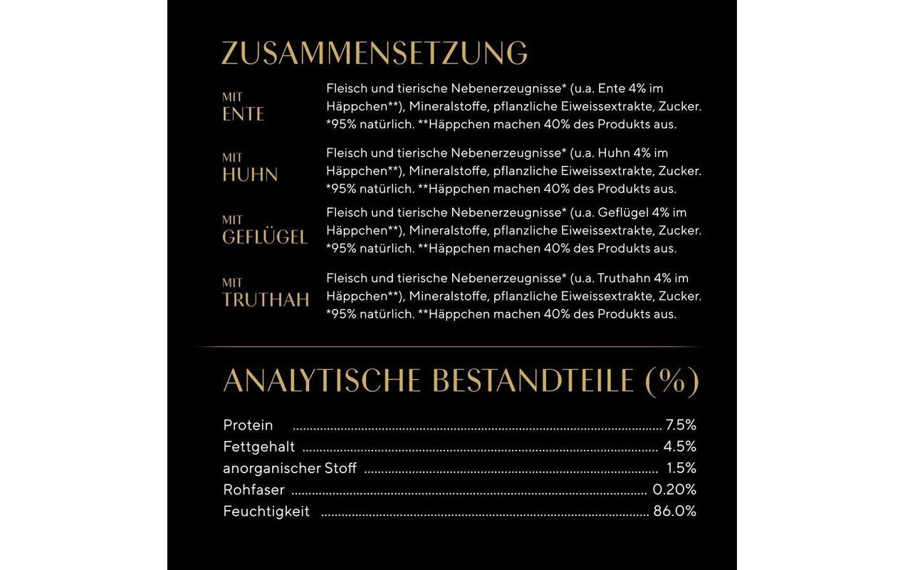 Nassfutter Delikatesse Gelee Geflügel Variation, 4 x 85gAlleinfuttermittel für ausgewachsene Katzen