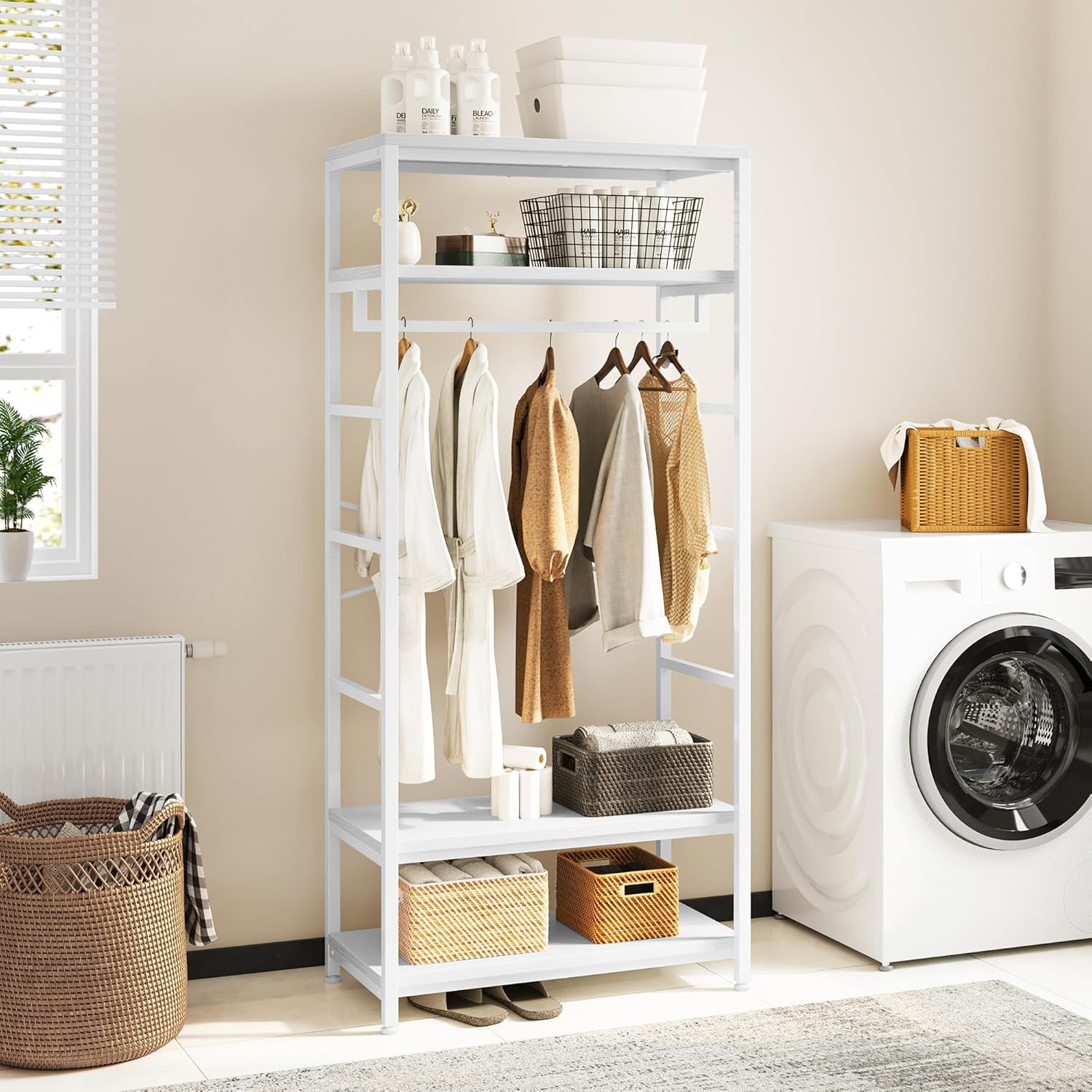 YITAHOME Garderobenständer, Hoher Garderobe, Industrieller Garderobenständer mit 4 Ablagen, Bodenstehende Kleiderstange mit Schuhablage, Kleiderständer für Flur, Wohnzimmer, Weiß
