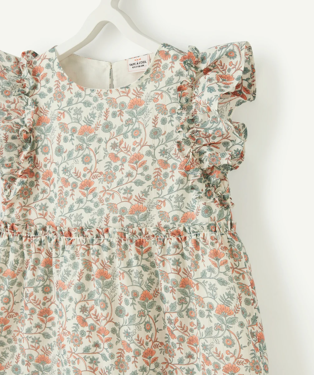 ROBE LONGUE ÉCRUE À VOLANTS FILLE IMPRIMÉ FLEURI ET LISERÉS COULEUR DORÉE