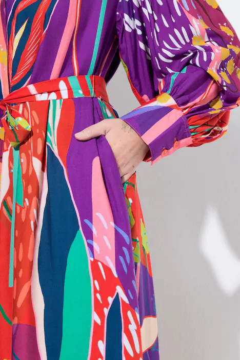 Maxikleid, Landhausdruck, Hemdkragen, Ballon-Langarm, pinklila