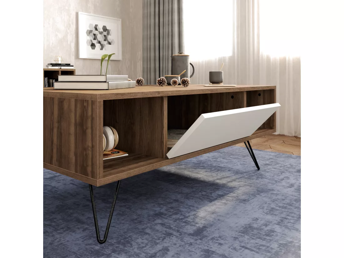 Table Basse Mistico avec le pieds en métal et armoire (Blanc & Noyer)