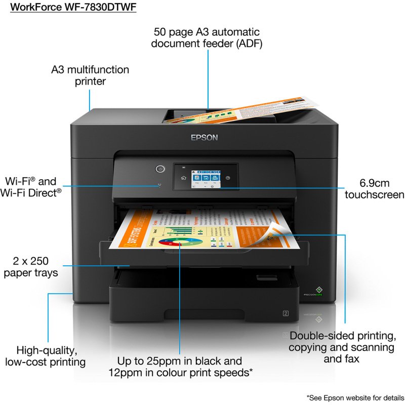 Epson WF-7830DTWF Imprimante multifonction 4 en 1 jet d'encre A3 couleur Wifi Workforce