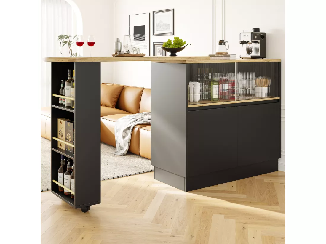 Meuble de bar pivotant - 4 portes et étagères de rangement - Bois MDF et verre - Noir + naturel