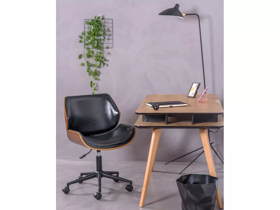 Chaise de bureau rétro en bois de noyer et cuir synthétique - Nordic - Noir