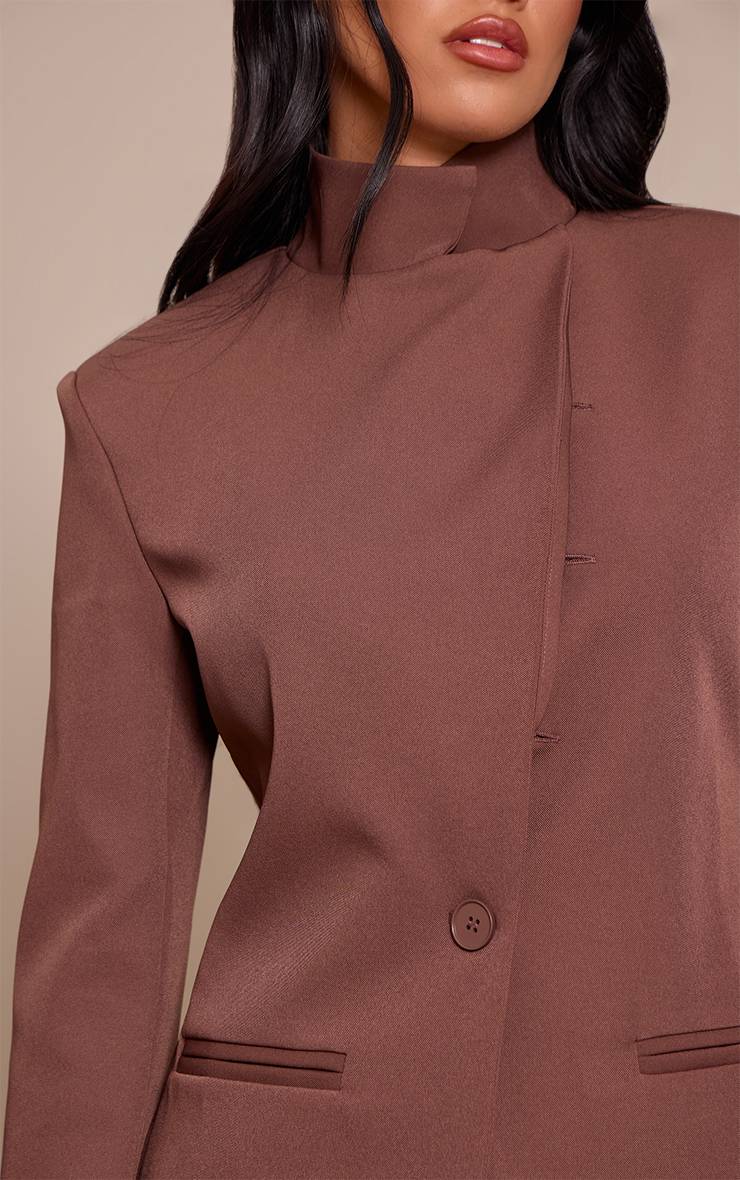 Chocolat Ensemble Blazer Ajusté Tissé À Col Montant