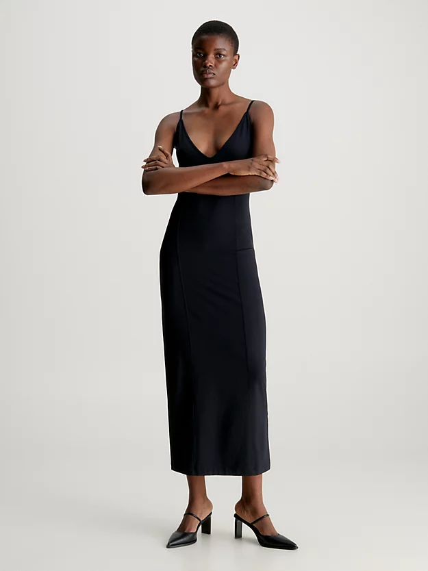 Vestido longo de alças finas em malha elástica