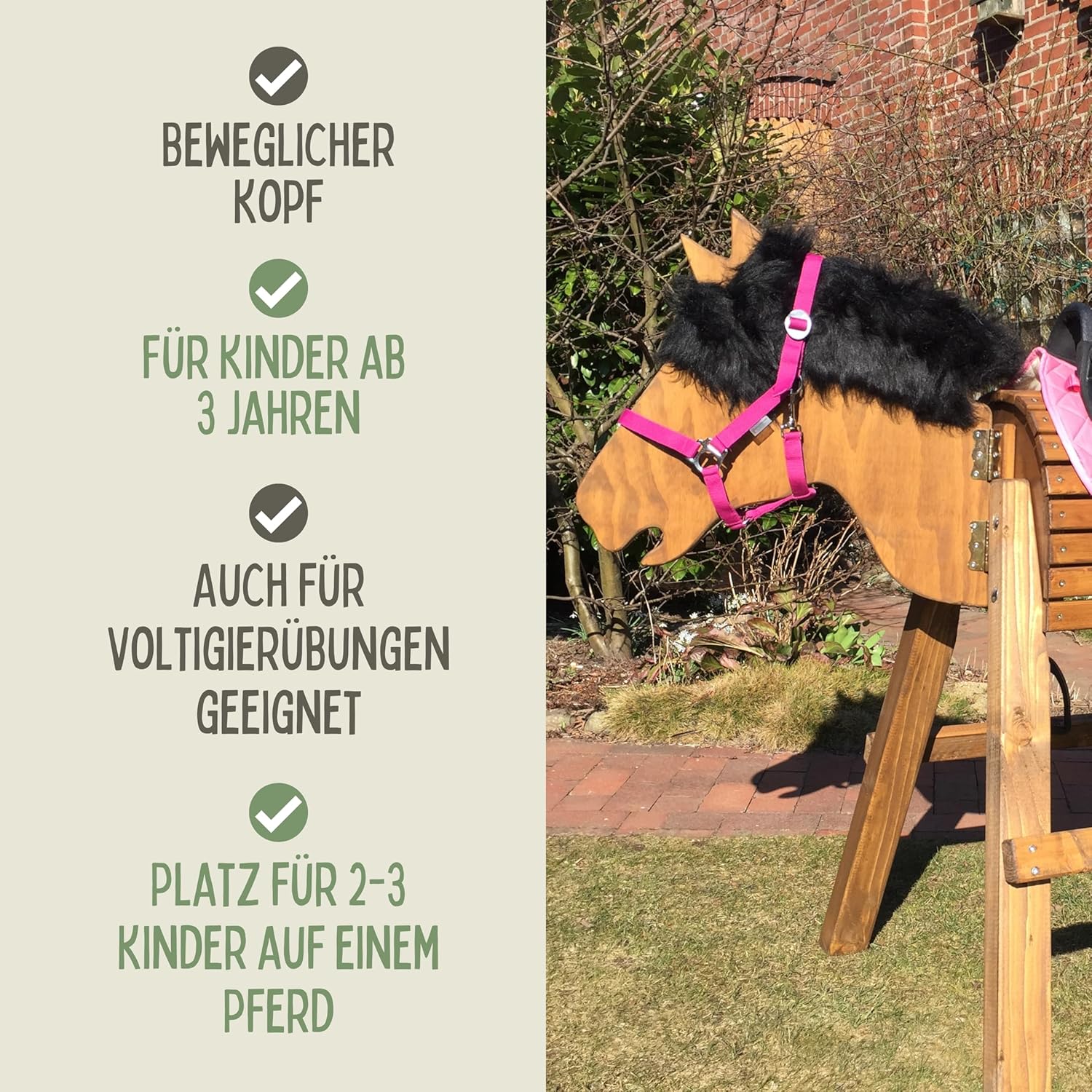 Holzpferd Tobiano 100cm für draußen Reitpferd Garten Voltigierbock für Kinder, Stehpferd groß, Gartenpferd handgefertigt aus Deutschland, Voltigierpferd Holzpony mit Mähne